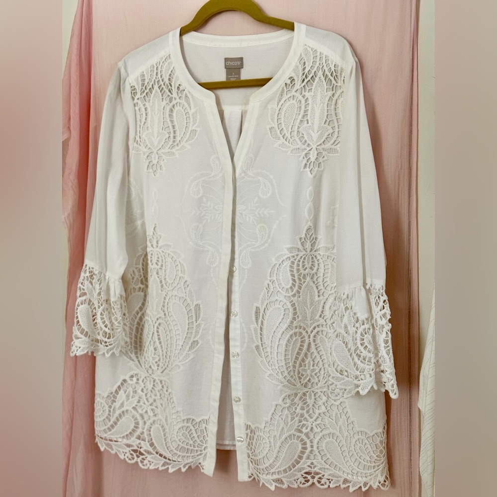Chico's White Lace-Trimmed Top